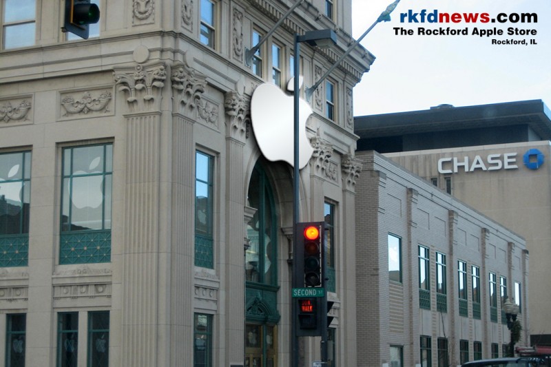 The Rockford Apple Store, located on the corner of East State and North Second Streets, Rockford, IL USA.